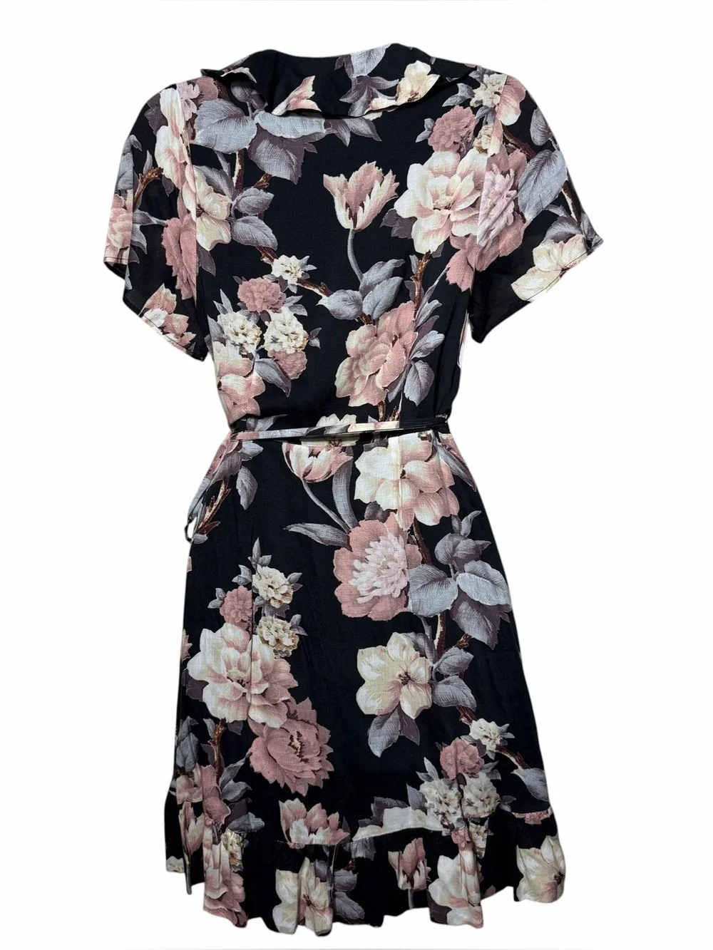 PAIGE Cardamom Floral Wrap Dress Black Evening Sand Ruffle Short Sleeve XS - Picture 9 of 15
